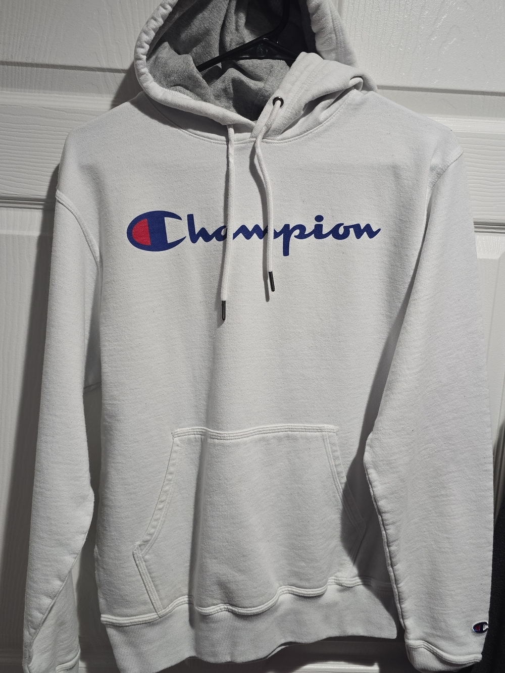 Champion White Hoodie with Blue Script and Red Accent